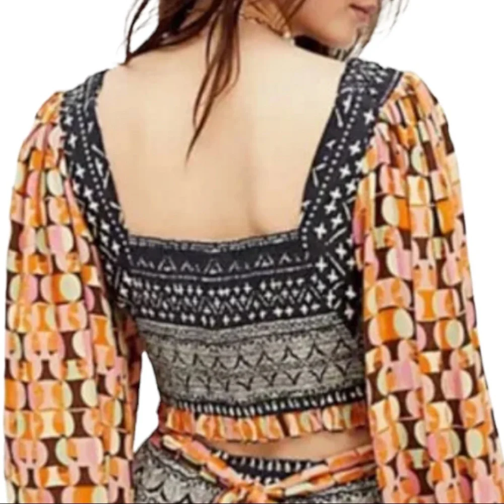 New Free People Naomi Sm Black Orange Midriff Puff Sleeve Mixed Print Crop Top - Picture 11 of 11